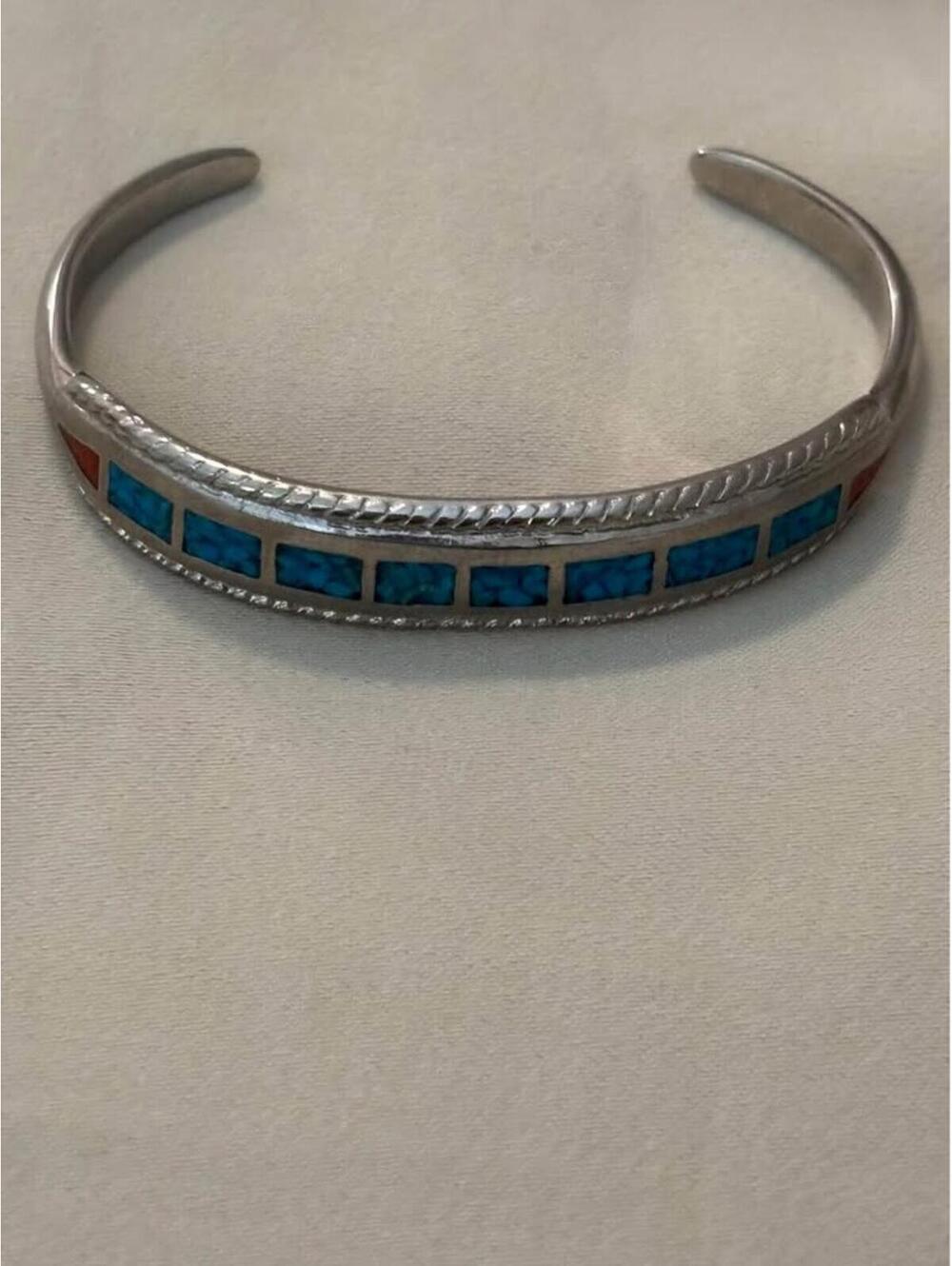 Silver Turquoise and Coral Chip Inlay Cuff Bracelet not marked not tested